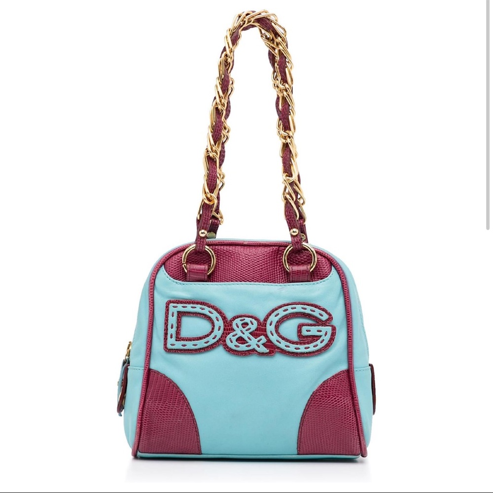 Vintage D&G Light Blue and Burgundy Handbag with Gold Chain